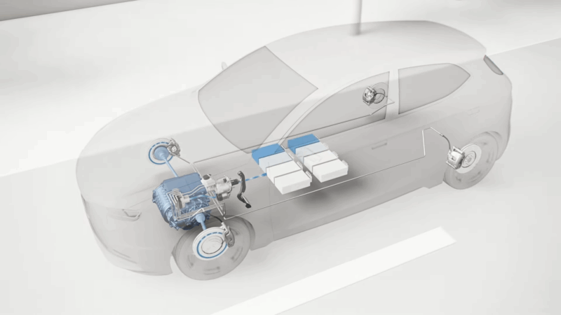An electric vehicle's drivetrain with regenerative braking and battery components