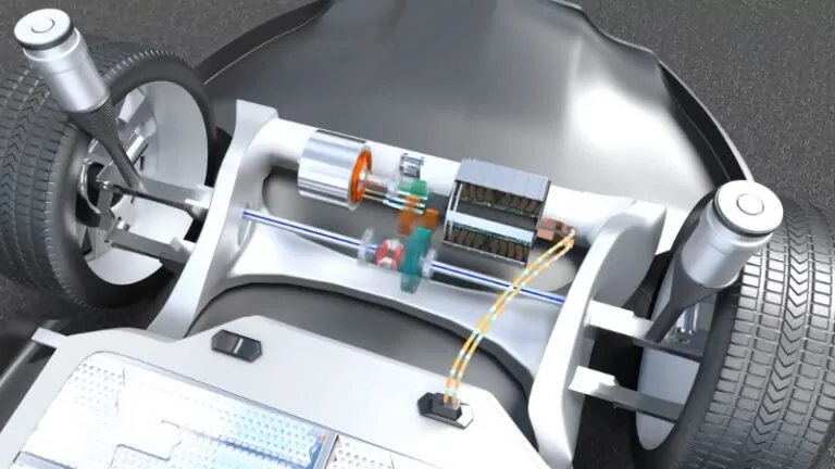 The image shows a detailed view of an electric vehicle’s motor and regenerative braking system