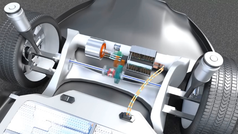The image shows a detailed view of an electric vehicle’s motor and regenerative braking system