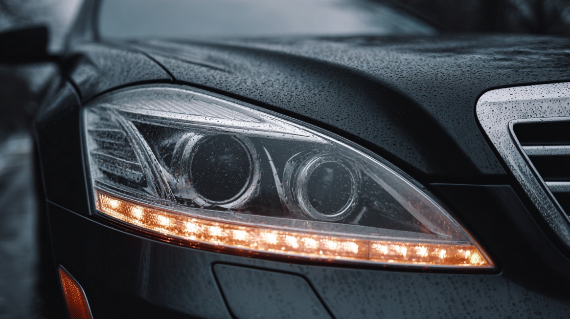 Close-up of a car’s headlight with raindrops on the hood