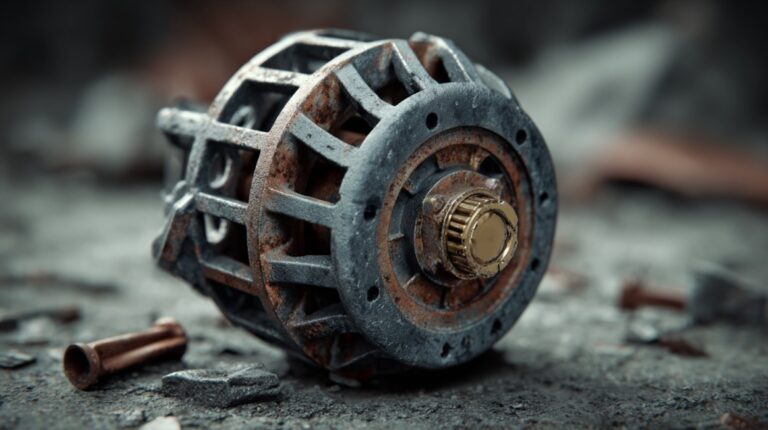 Close-up of a rusty car alternator part lying on the ground.