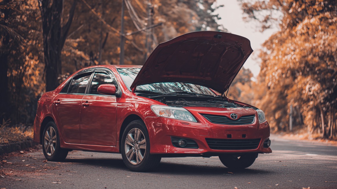 Red car with hood open on a quiet road surrounded by autumn trees