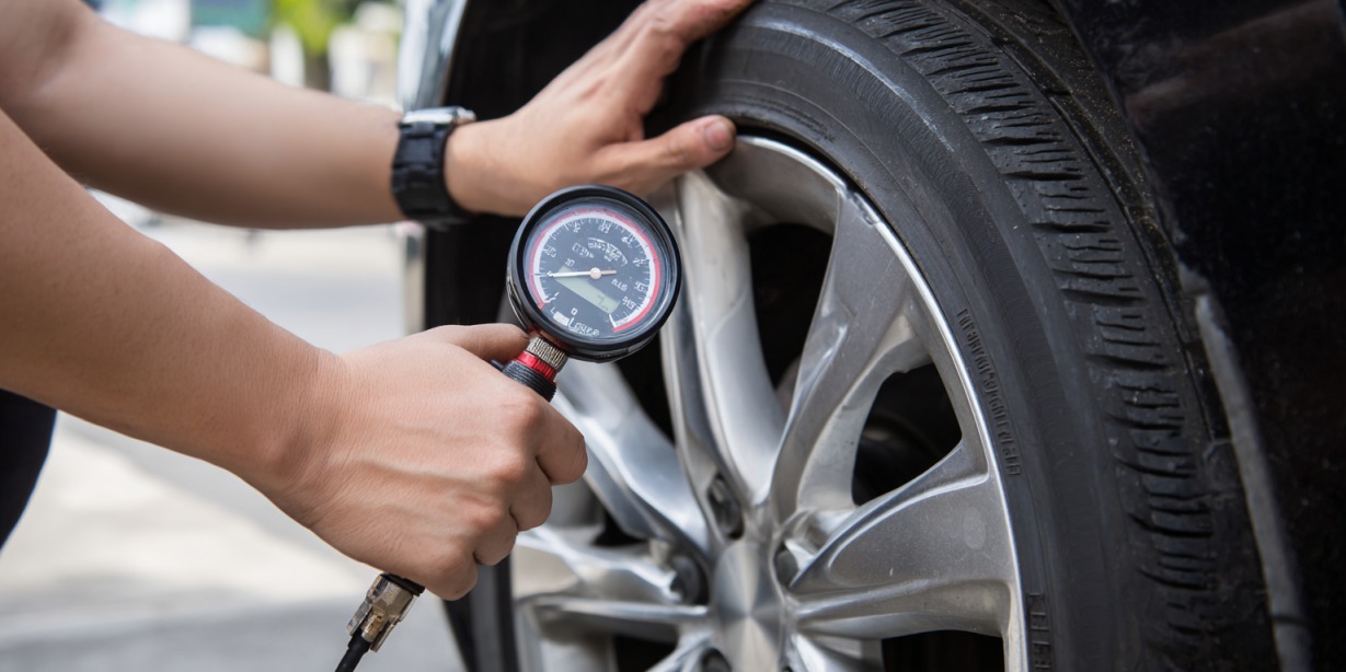 Person measuring car tire pressure with a handheld gauge