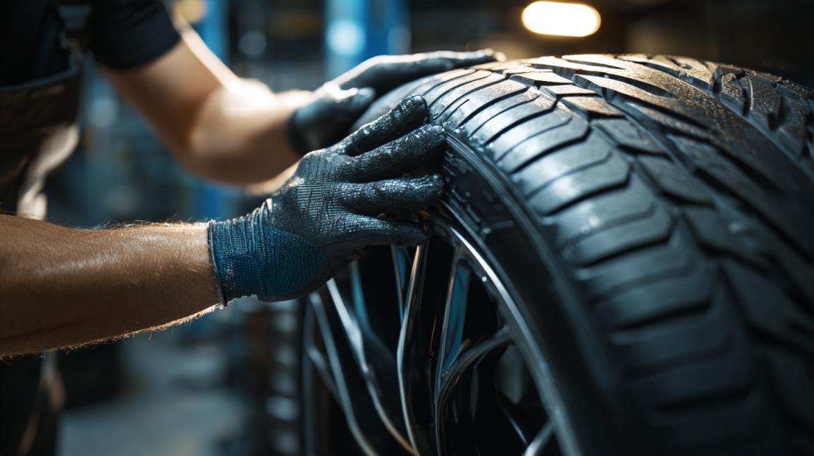 Mechanic wearing gloves inspecting the tread and sidewall of a car tire