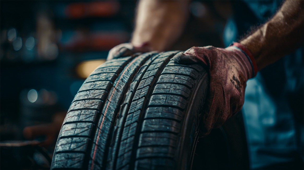 Mechanic wearing gloves holding a car tire, inspecting its tread and condition