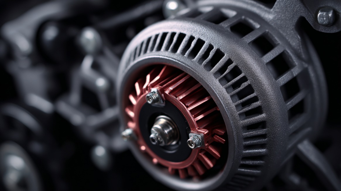 Close-up of a clean and functional car alternator inside an engine