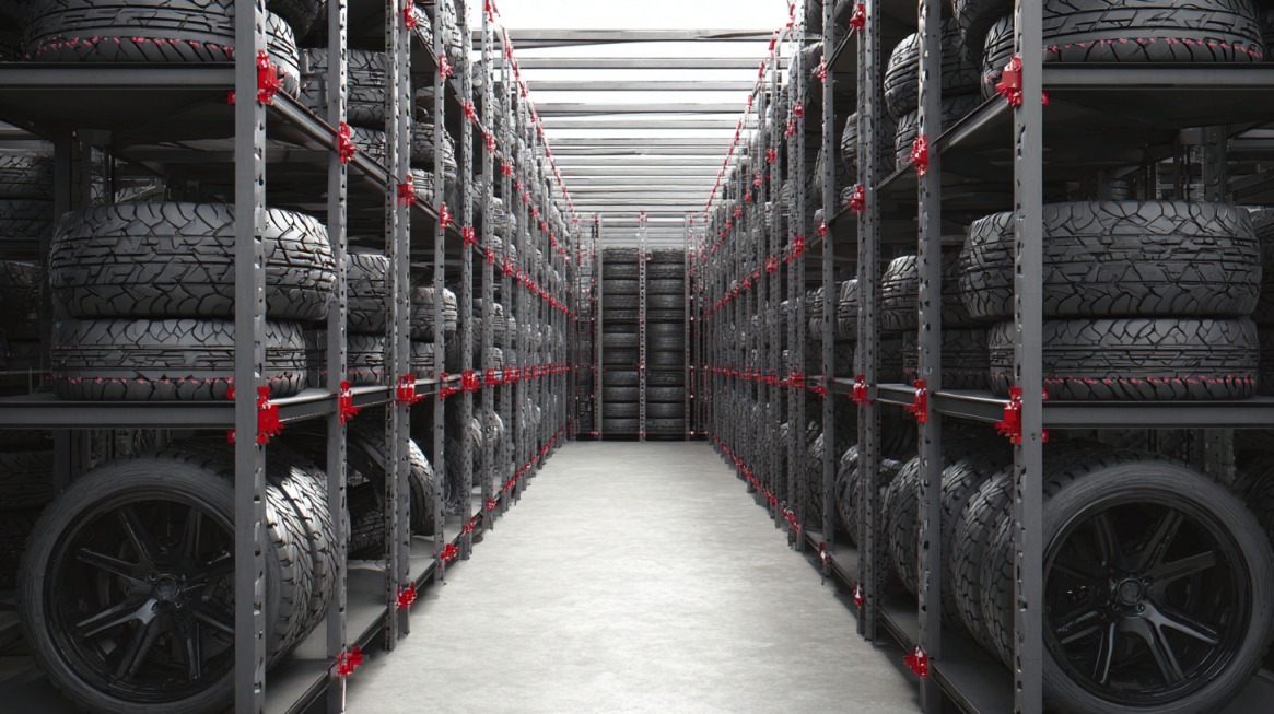 Large warehouse filled with rows of stacked tires organized on metal shelves