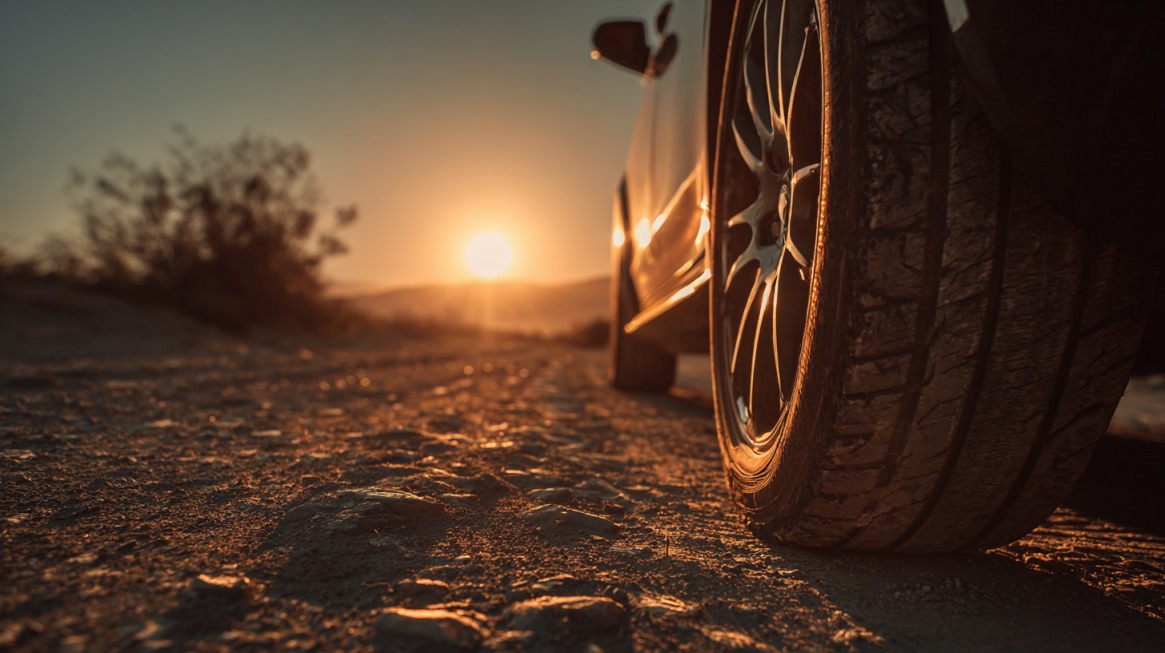 Close-up of a car tire on a dirt road during sunset, with the sun shining in the background