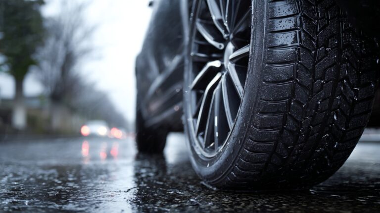 Close-up of a car tire on a wet road with water droplets on the rubber