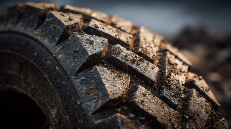 Close-up of a rugged tire tread with dirt and visible texture details