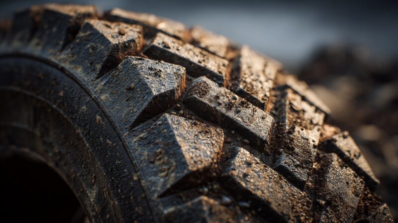 Close-up of a rugged tire tread with dirt and visible texture details