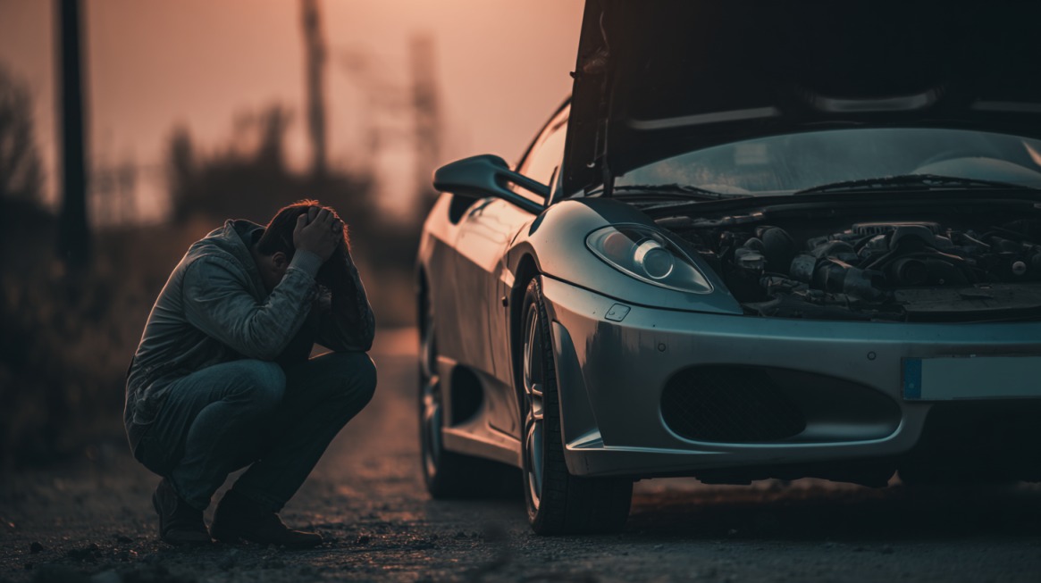 Frustrated man crouching beside a car with the hood open at sunset