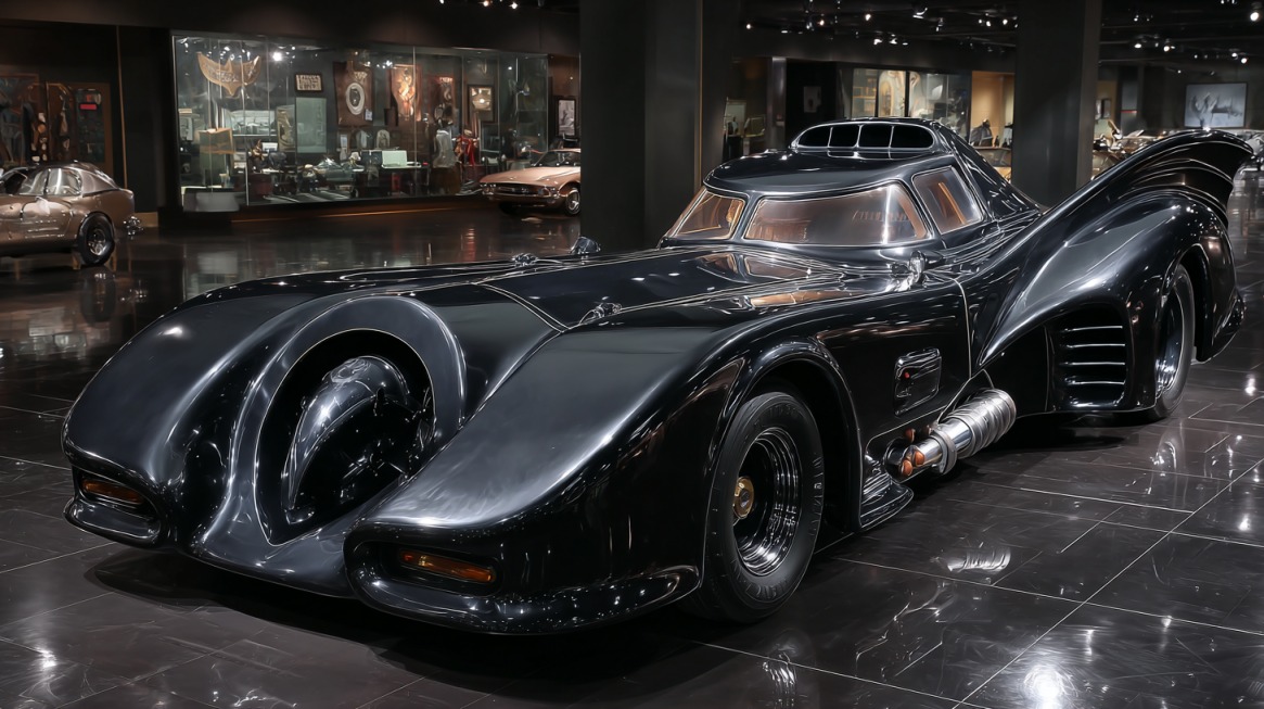 Classic Batmobile from the Batman franchise, sleek black design with jet turbine engine, showcased in a museum