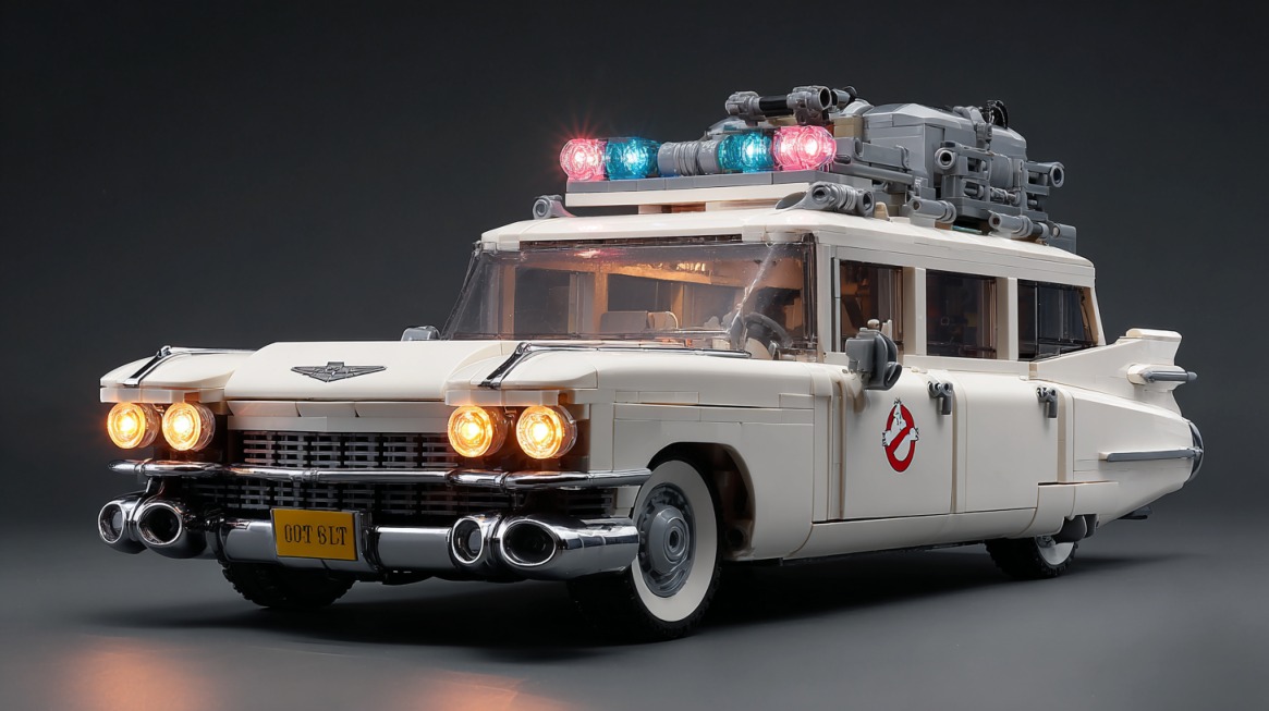 Ghostbusters’ Ecto-1, a white 1959 Cadillac Miller-Meteor ambulance with rooftop sirens and equipment