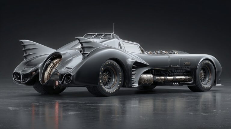 Black Batmobile with futuristic design and bat-like fins, from the Batman franchise
