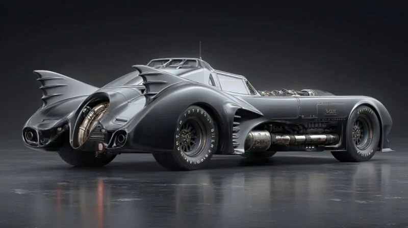Black Batmobile with futuristic design and bat-like fins, from the Batman franchise