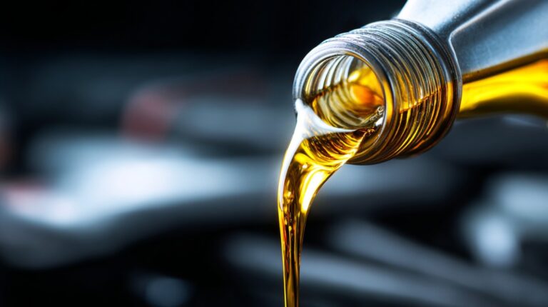 Close-up of golden synthetic motor oil being poured from a bottle during a car oil change