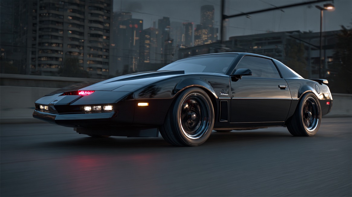 Black Pontiac Trans Am modified as KITT from the TV show Knight Rider, with red scanner light on the front