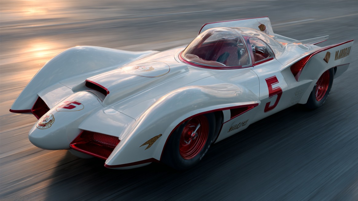 White Mach 5 race car with red accents and number 5, from the Speed Racer series
