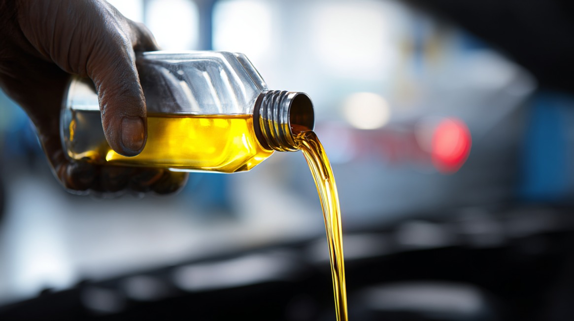 Mechanic pouring golden synthetic motor oil from a bottle into a car engine during an oil change