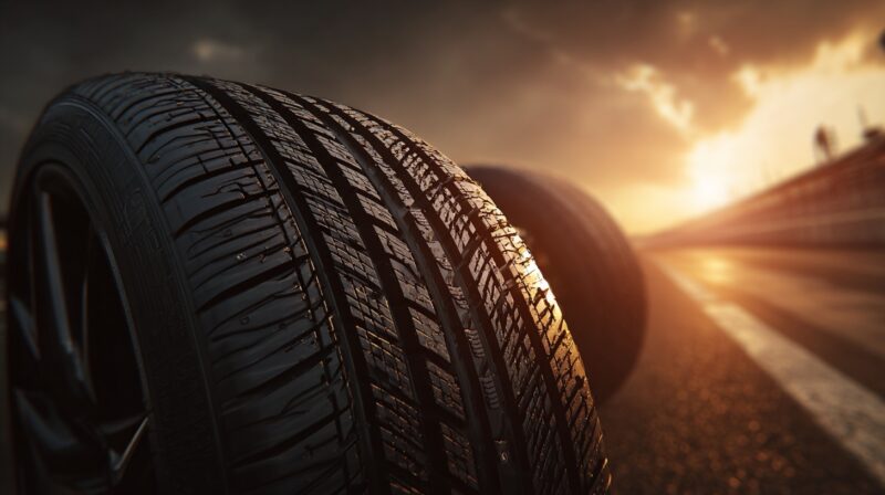 Close-up of car tires on a racetrack at sunset, with visible tread patterns highlighted by golden light