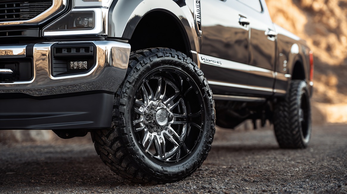 Close-up of a lifted Ford F-250 truck with chrome custom wheels and all-terrain tires, parked on rocky terrain