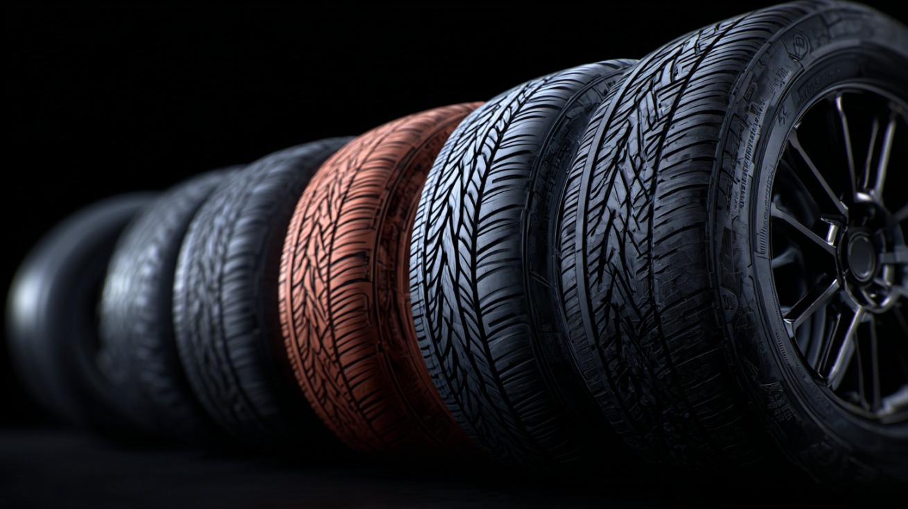 Row of tires in a dark studio setting with one highlighted in copper color, showing tread patterns and wheel detail to represent variety and versatility