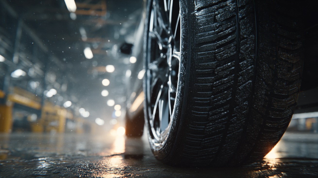 Close-up of a wet tire on a sleek car in an industrial garage, with reflections of light on the tread surface