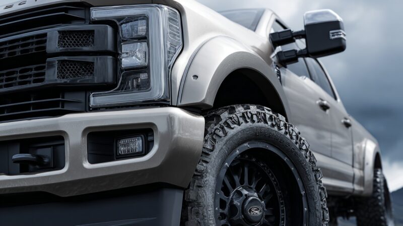 Close-up of a beige Ford F-250 truck with rugged off-road tires and black rims, photographed from a low angle under cloudy skies