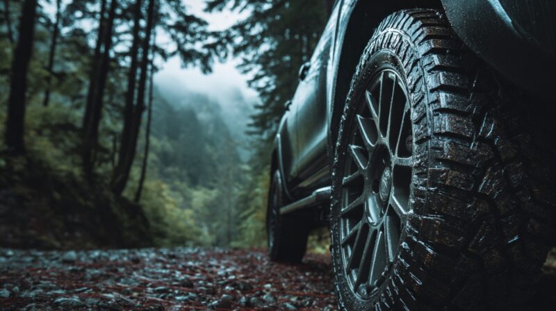Close-up of a rugged vehicle tire on a wet forest trail, emphasizing traction and durability for off-road driving