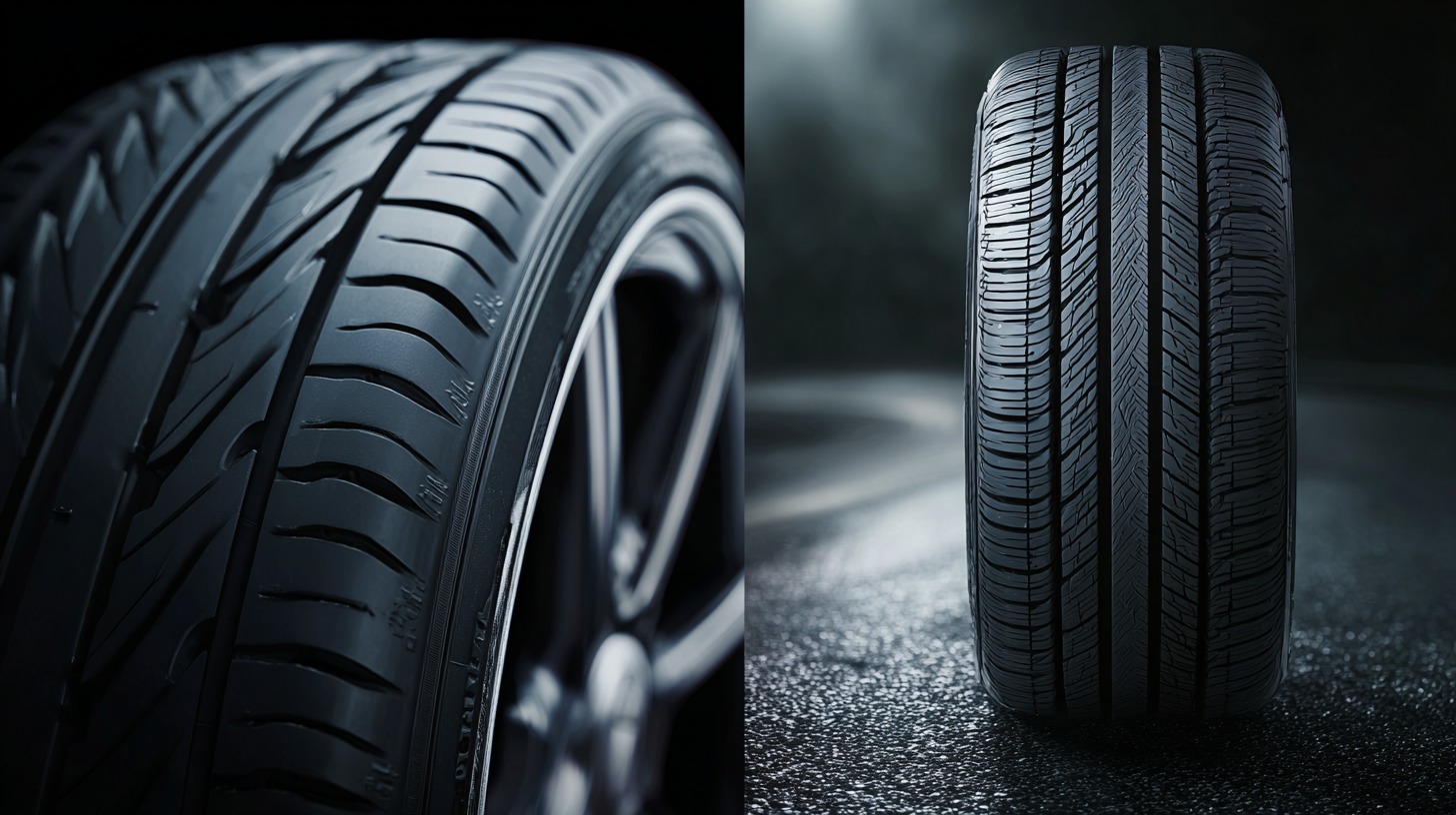 Side-by-side close-up images of two car tires, showcasing tread design and surface texture under low lighting