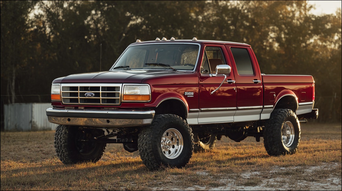 Classic red and white Ford F-250 pickup truck from the 1990s parked on a grassy field, photographed at sunset