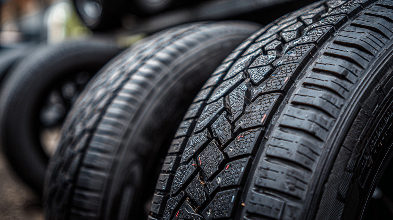 Close-up of wet tire treads showing detailed pattern and texture, emphasizing traction and road performance.