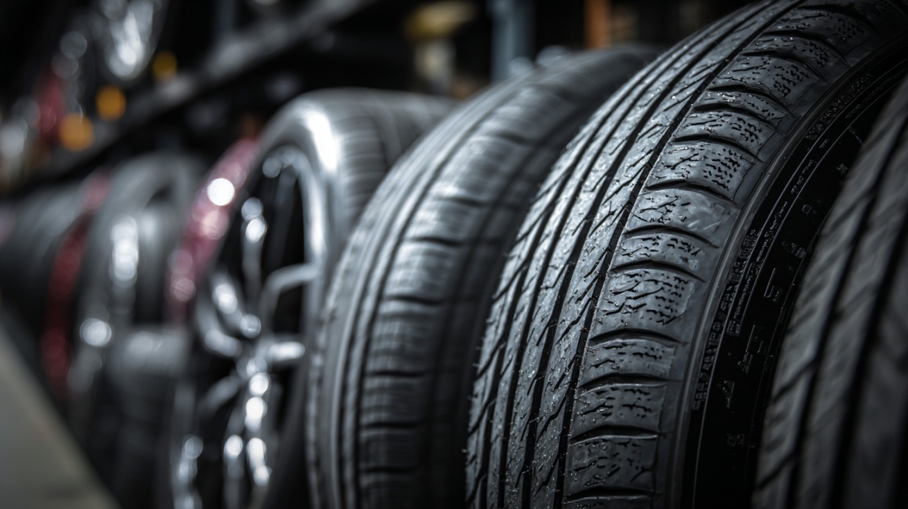 Close-up of car tires lined up in a shop, showing tread patterns and sheen, emphasizing quality and affordability