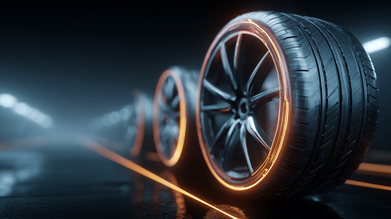 Close-up of sleek black car tires glowing with orange light accents in a dark, futuristic tunnel setting