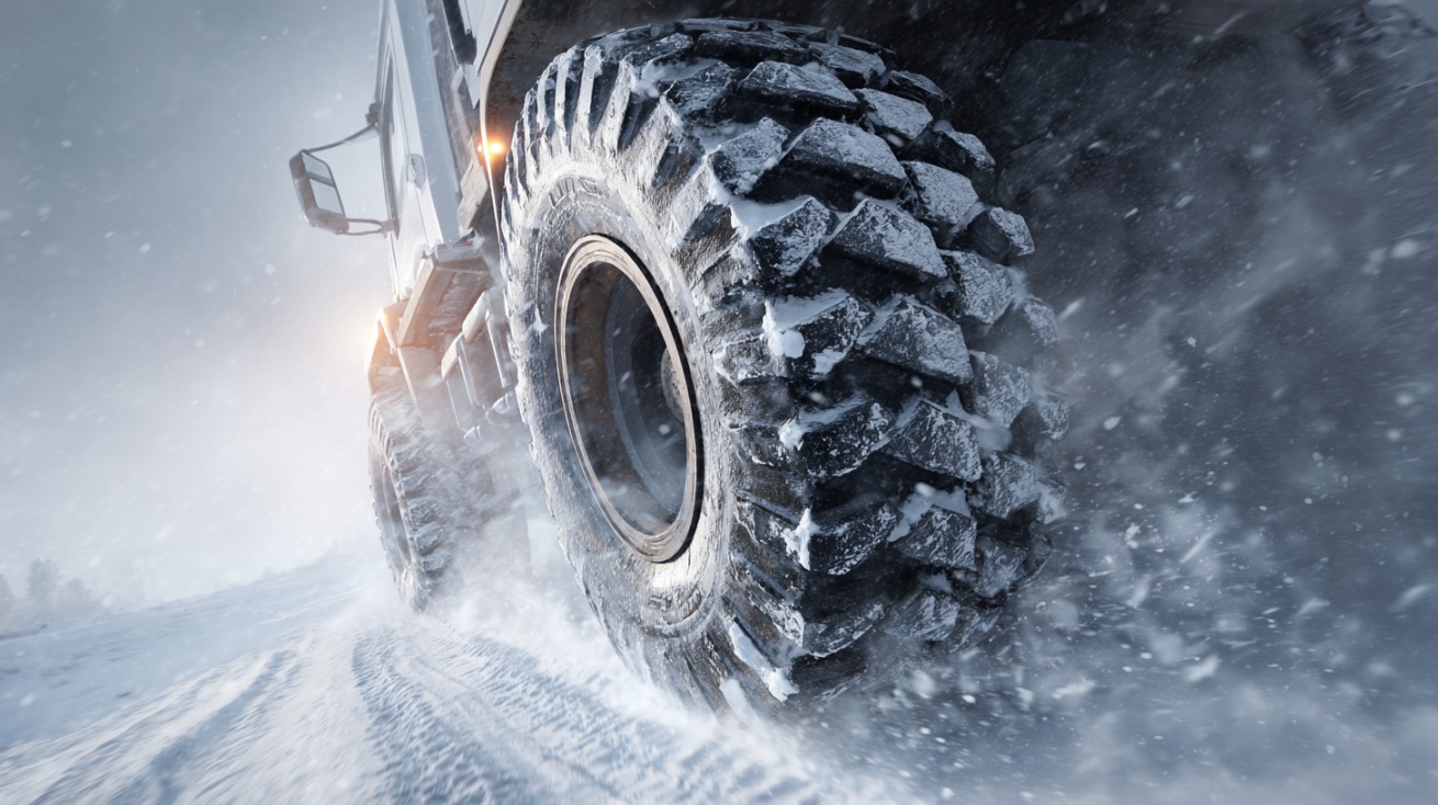 Close-up of a rugged tire driving through snow, kicking up ice and powder, showing deep tread for traction on winter terrain