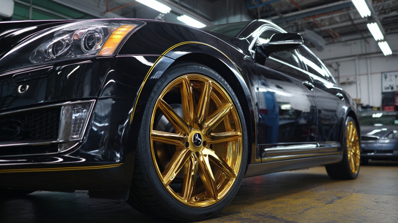 Close-up of a sleek black luxury car with glossy gold Lexani rims, parked indoors under bright workshop lighting