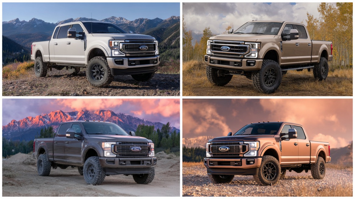 Collage showing four Ford F-250 Super Duty trucks in different colors and scenic outdoor settings, including mountains and open plains