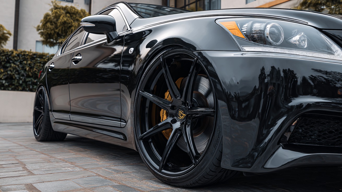 Close-up of a sleek black luxury sedan with glossy black Lexani wheels and gold brake calipers, reflecting nearby buildings and trees