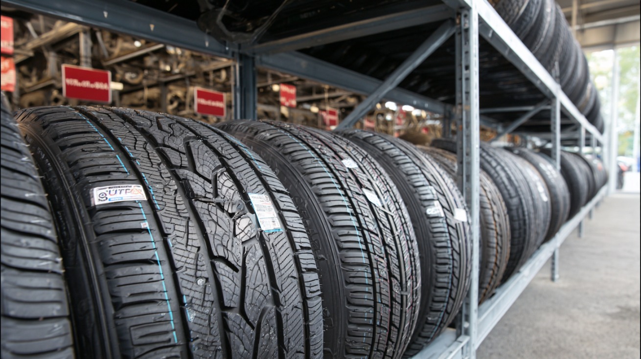 Rows of new tires displayed on metal racks in a store, each labeled with model information and tread patterns visible
