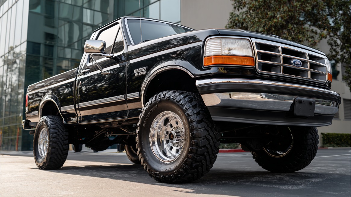 Black Ford F-250 truck from the 1990s with chrome wheels and off-road tires, parked outdoors near a modern glass building