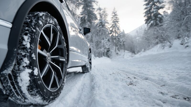 Vehicle equipped with winter tires driving through a snowy forest road