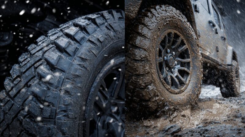 Close up comparison of tire tread showing all season tire on snow and all terrain tire in mud
