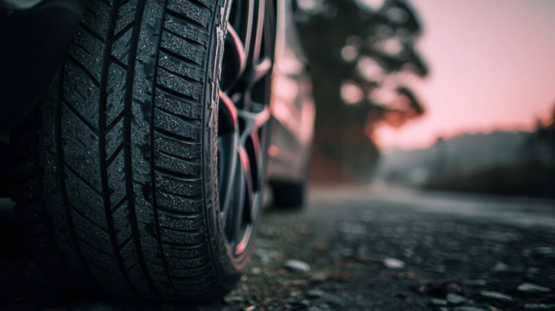 Close up of a car tire on the road at sunset