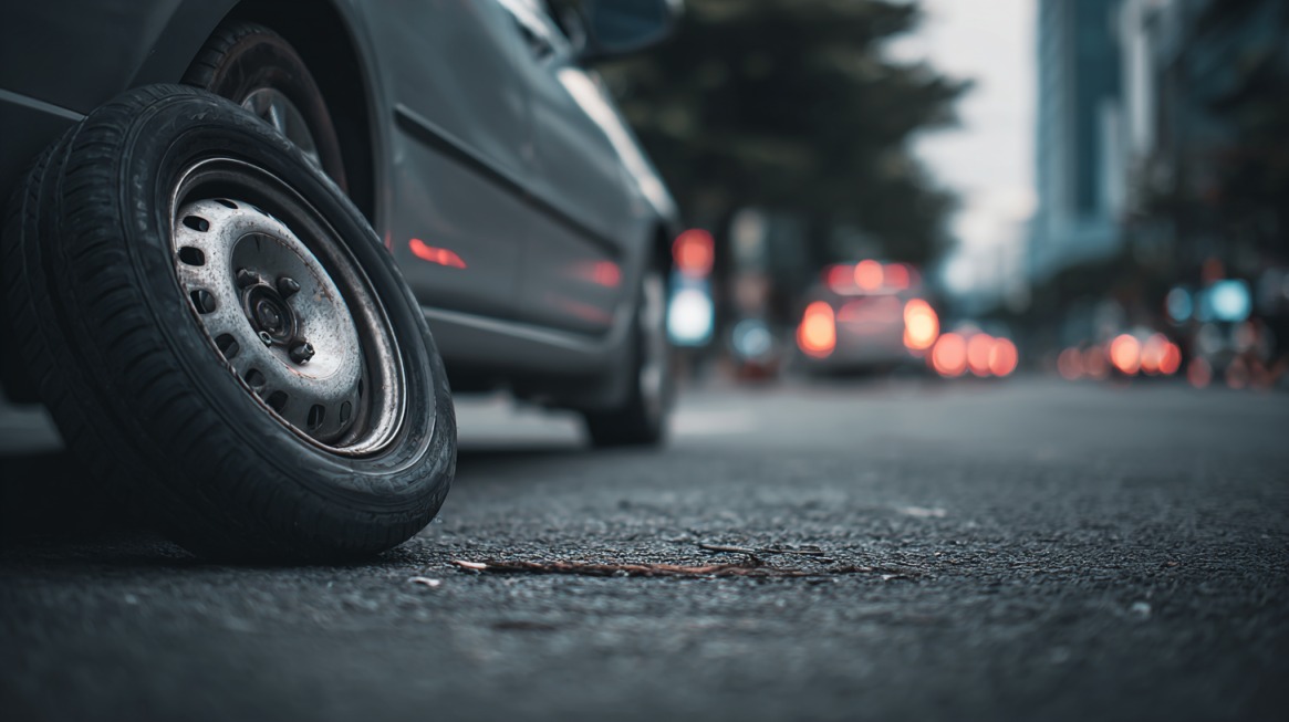 Flat car tire on a city street with traffic lights blurred in the background