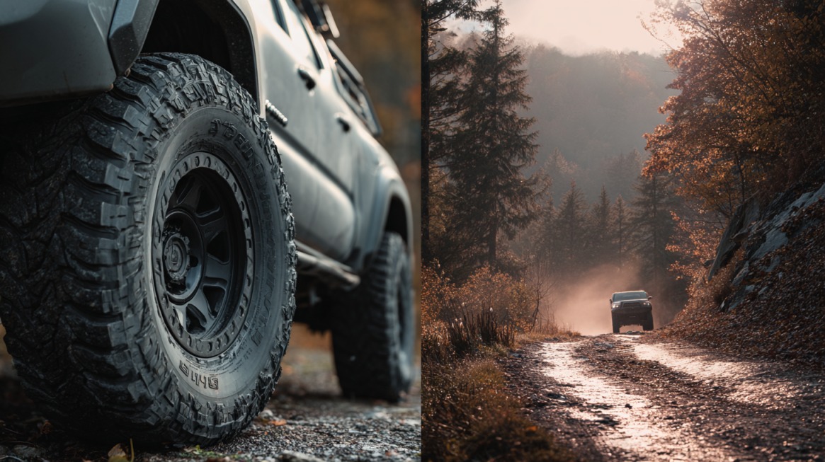All terrain tire on a truck beside a vehicle driving on a dirt forest road