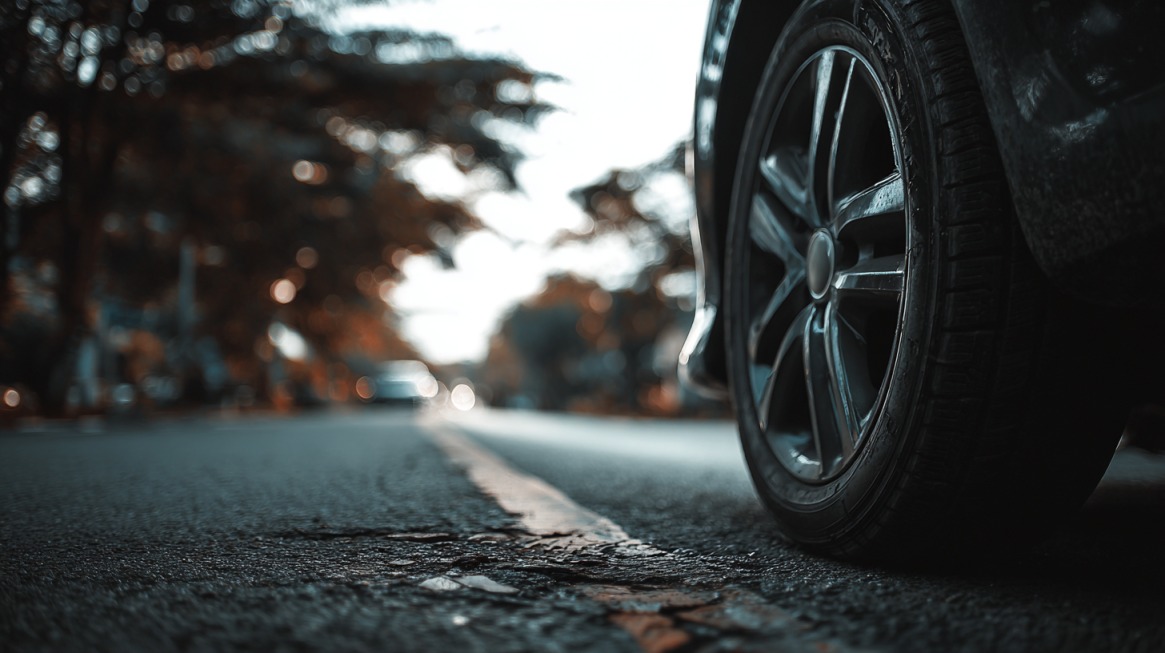 Car tire on an asphalt road with trees and soft light in the background