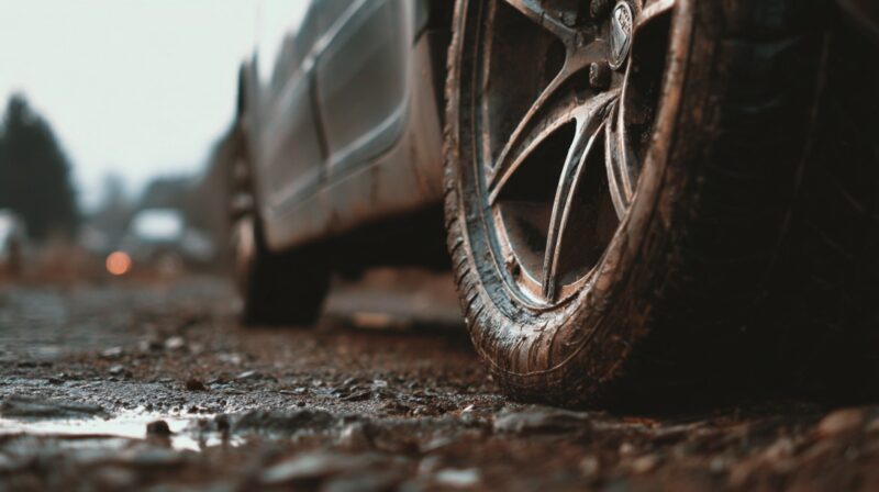 Close up of muddy car tire on wet road surface