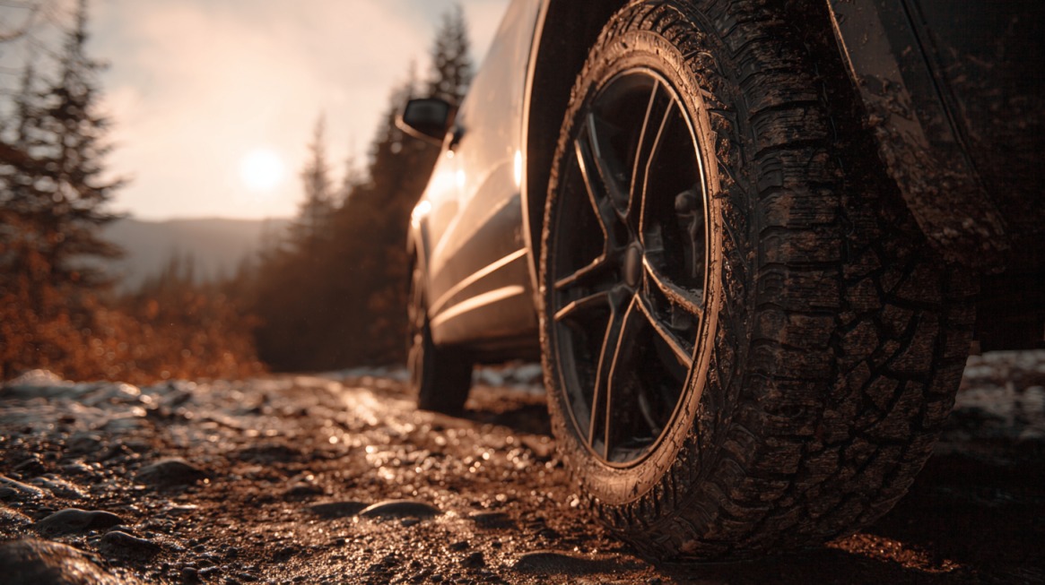 All terrain tire driving over rocky and muddy trail at sunset