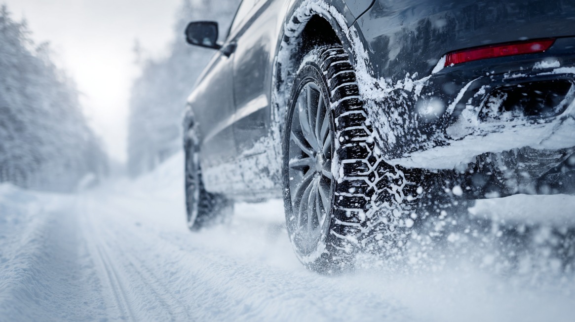 Car driving on a snowy road with winter tire throwing up snow